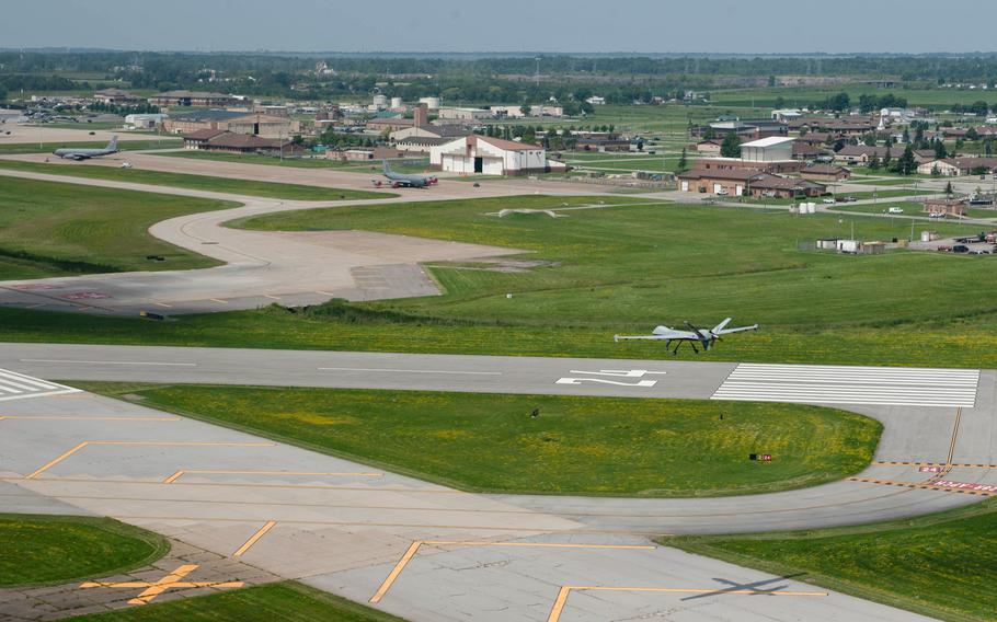 A MQ-9 Reaper, flown by members of the 107th Operations Group, 107th Attack Wing, New York Air National Guard, prepares to remotely land at Niagara Falls Air Reserve Station, Niagara Falls, N.Y. on August 9, 2023. 