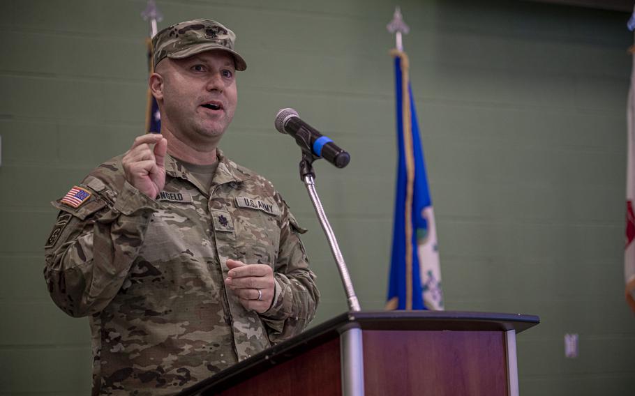 Lt. Col. Giancarlo D’Angelo speaks Oct. 20, 2023, at the Middletown Armed Forces Reserve Center, Middletown, Conn.