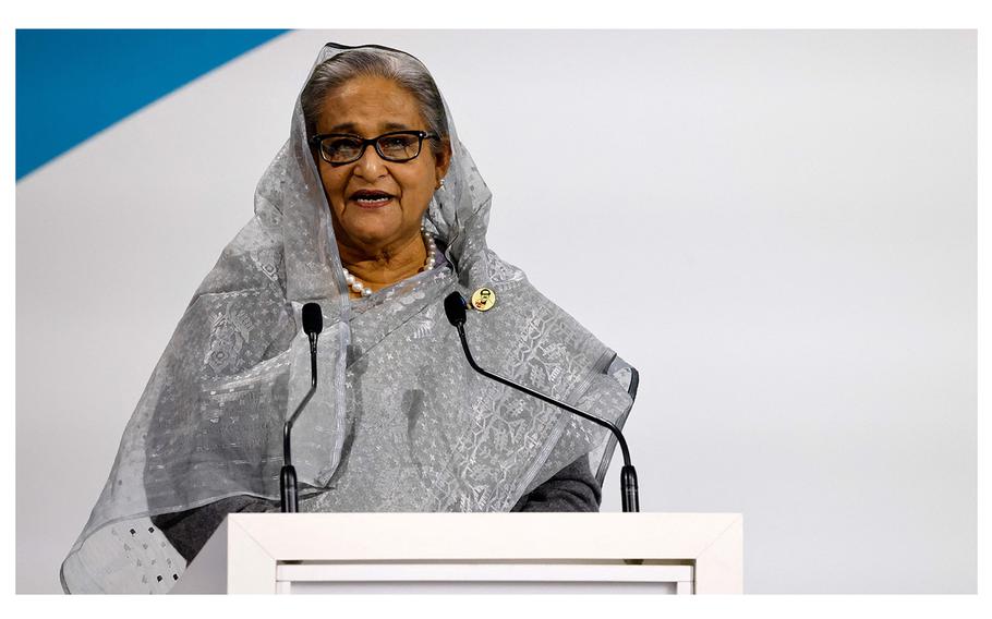 Prime Minister of Bangladesh Sheikh Hasina gives a speech during the opening ceremony of the Paris Peace Forum at The Grande Halle de la Villette in Paris on Nov. 11, 2021. 