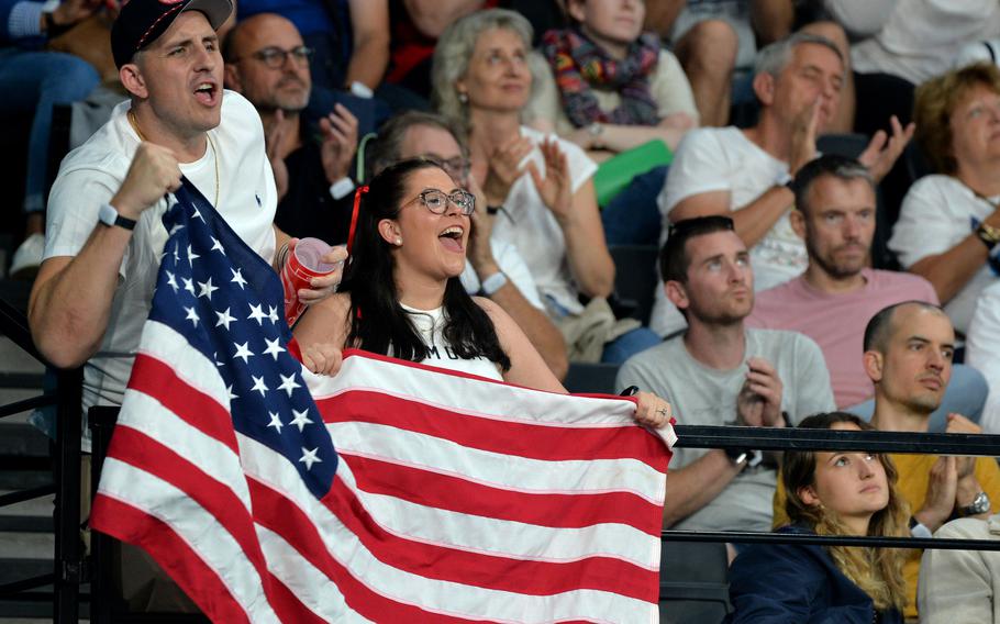 Fans cheer on the U.S. wheelchair basketball team as they defeat Great Britain 73-69 at the 2024 Paris Paralympics, Sept. 7, 2024.