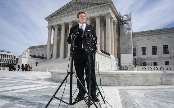 Missouri Attorney General Andrew Bailey speaks with reporters outside the U.S. Supreme Court in Washington on March 18. MUST CREDIT: Jabin Botsford/The Washington Post