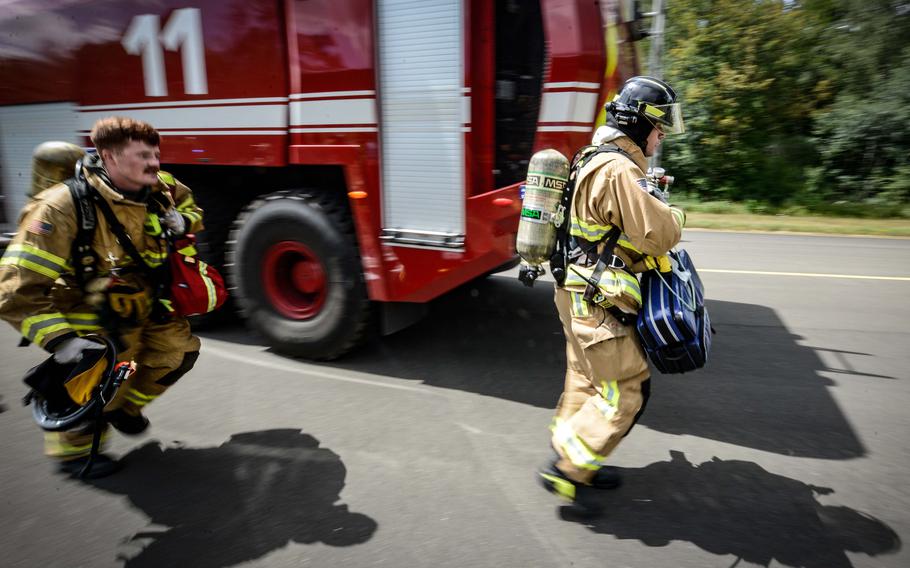 Firefighters assigned to the 86th Civil Engineer Group respond to a medical emergency call at Ramstein Air Base in 2022. Base and local residents may see or hear increased emergency response activity related to an exercise that starts Monday.