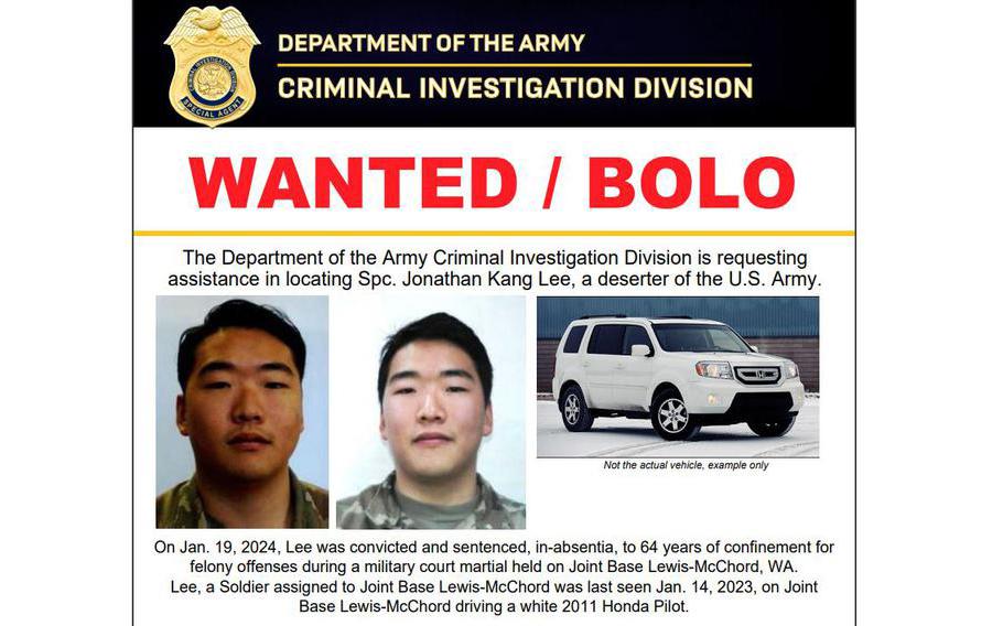 The Army issued a “WANTED” poster for Jonathan Kang Lee after he deserted from Joint Base Lewis-McChord on Jan. 14, 2024. 