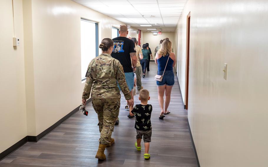 Airmen and their families walk through the renewed Child Development Center at Andersen Air Force Base, Guam, May 10, 2024. 