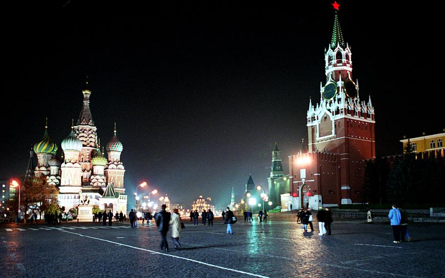 Moscow’s Red Square, with St. Basil’s Cathedral on the left and the Kremlin with the Spassky tower at right.