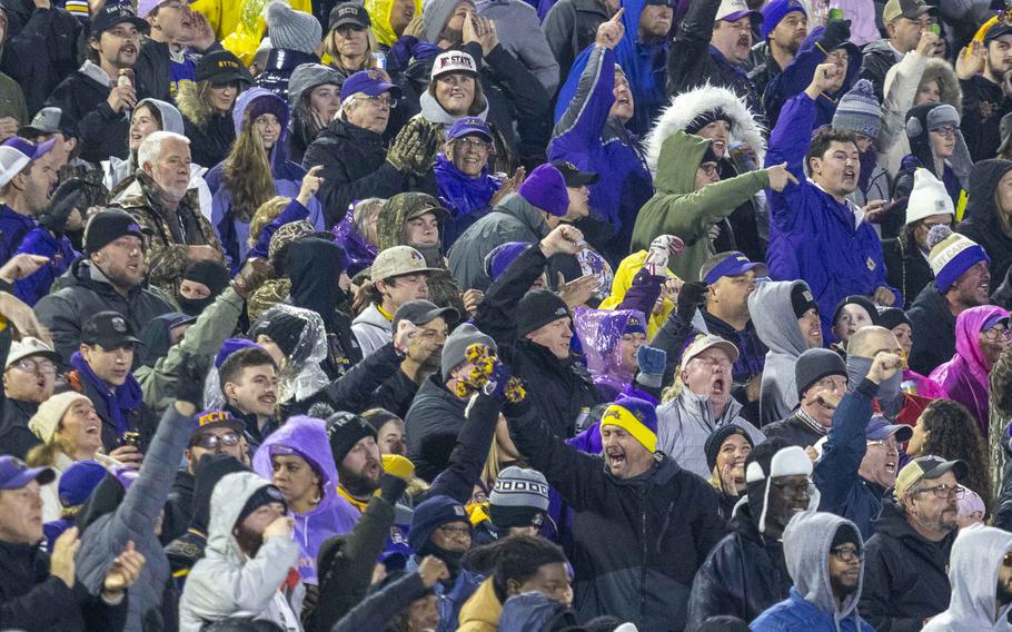 A crowd of people wearing purple and yellow cheer.