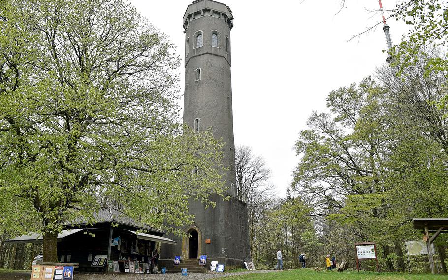 The Ludwigsturm, or Ludwig's Tower, rises from the Donnersberg near Dannenfels, Germany. The structure stands 88.5 feet tall and has a kiosk next to it that sells refreshments for hikers.
