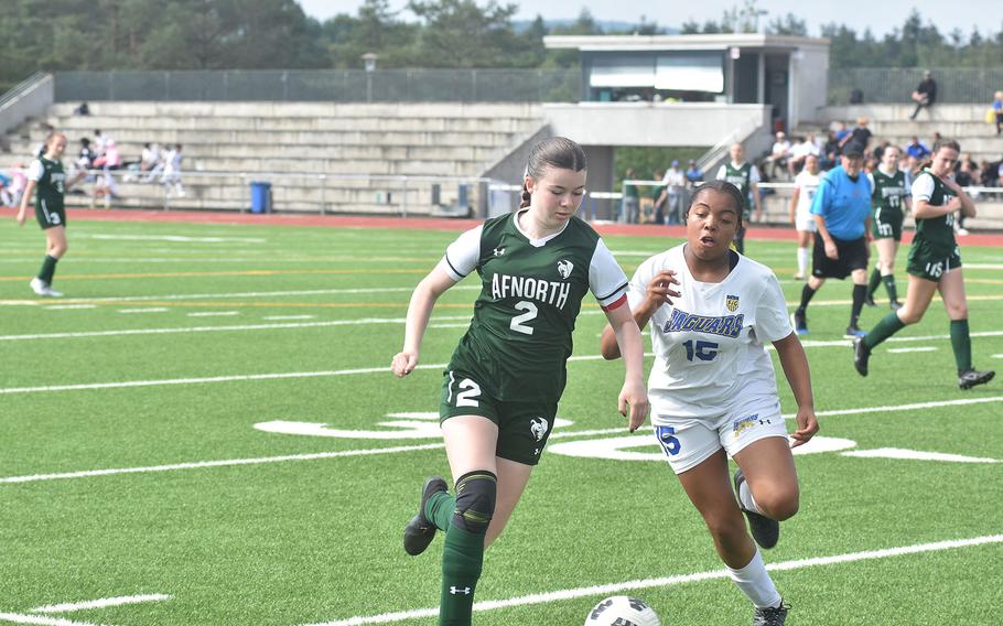 AFNORTH's Finja Liebing provided all the offense that the Lions would need with both goals in a 2-0 victory over Sigonella on Thursday, May 23, 2024, in the championship game of the DODEA European Division III girls soccer tournament. Sigonella's Arabella Jones matched her stride for stride on this run.