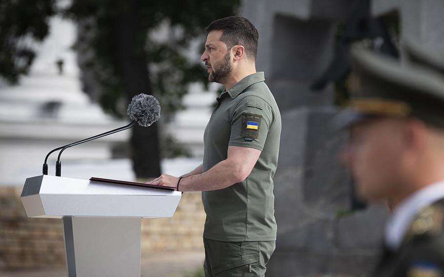 Ukrainian President Volodymyr Zelenskyy speaks at an event in Kyiv, on July 28, 2023.