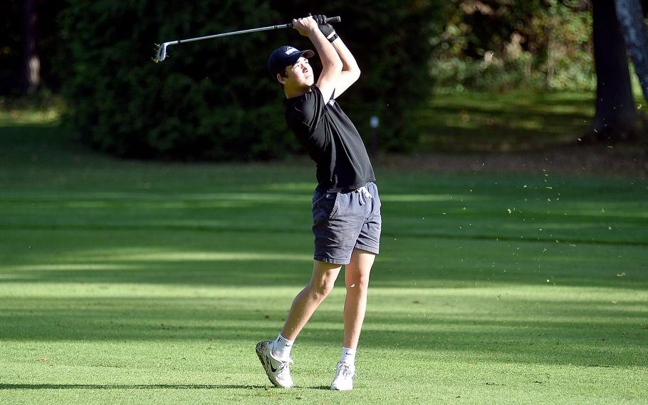 Spangdahlem's Jackson McDevitt hits on the No. 1 fairway during the second round of the DODEA European golf championships on Oct. 13, 2023, at Woodlawn Golf Course on Ramstein Air Base, Germany.