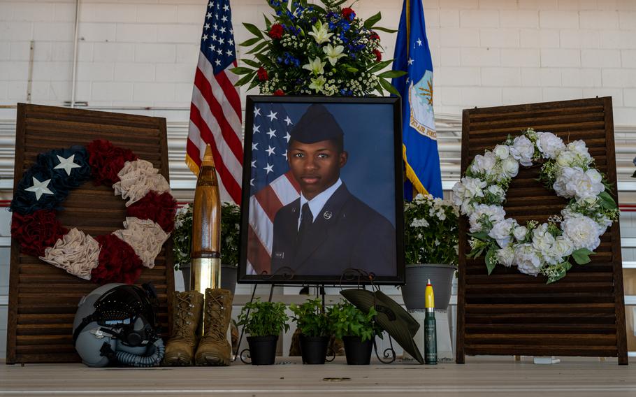 Hundreds of friends, family and airmen gather for Senior Airman Roger Fortson’s funeral service at Hurlburt Field, Fla., May 20, 2024. 
