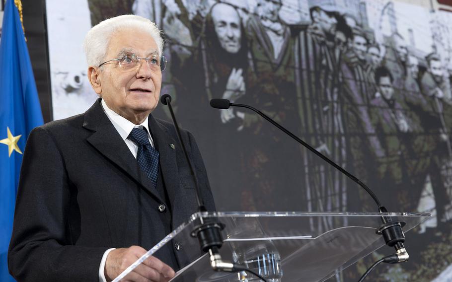 Italian President Sergio Mattarella speaks in Rome, Friday, January 26, 2024. Italy's president gave a powerful speech condemning the rise in anti-Semitism and supporting Jews. President Sergio Mattarella commemorated Holocaust Remembrance Day, which has been overshadowed by Israeli military operations in Gaza and increased anti-Israel acts in Italy.