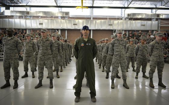 Col. Erick Gilbert, 57th Wing vice commander, stands with the formation during the 57th WG change of command ceremony at Nellis Air Force Base, Nevada, June 8, 2018. The 57th WG is the most diverse flying wing in the Air Force. (U.S. Air Force Photo by Airman Bailee A. Darbasie)