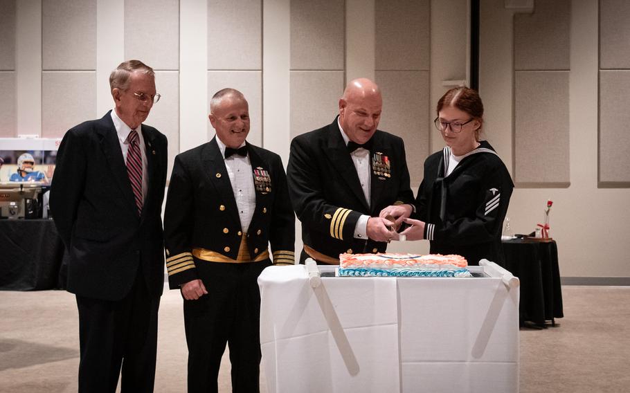 Cake-cutting at the Navy Ball hosted by Naval Health Clinic Cherry Point in North Carolina, Oct. 4, 2024.