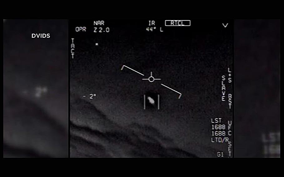 A video screen grab shows a recording played during a panel discussion NASA officials had on unidentified aerial phenomena in May 2023.