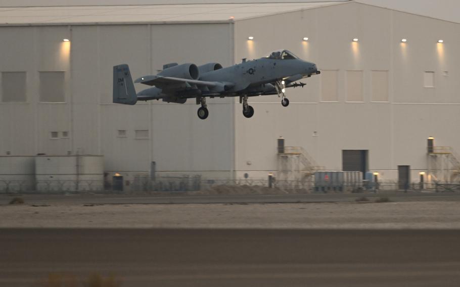 An Air Force A-10 Thunderbolt II prepares to land in the Middle East region.