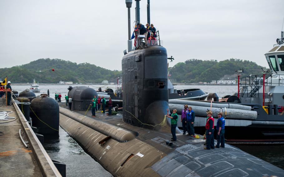The Virginia-class, fast-attack submarine USS Mississippi arrives at Fleet Activities Yokosuka in Japan for a scheduled port visit, April 18, 2024. 