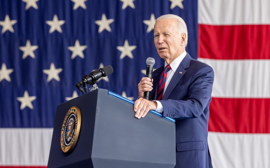 President Joe Biden speaks to more than 1,000 service members to commemorate the 22nd anniversary of 9/11 during a remembrance ceremony at Joint Base Elmendorf-Richardson, Alaska, Sept. 11, 2023. 