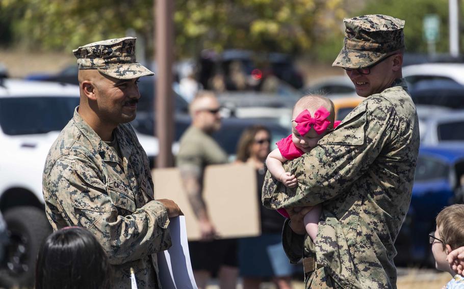 U.S. Marines with Charlie Company, Battalion Landing Team 1/5, 15th Marine Expeditionary Unit, are welcomed home at Marine Corps Base Camp Pendleton, Calif., on Aug. 10, 2024, after returning from deployment.