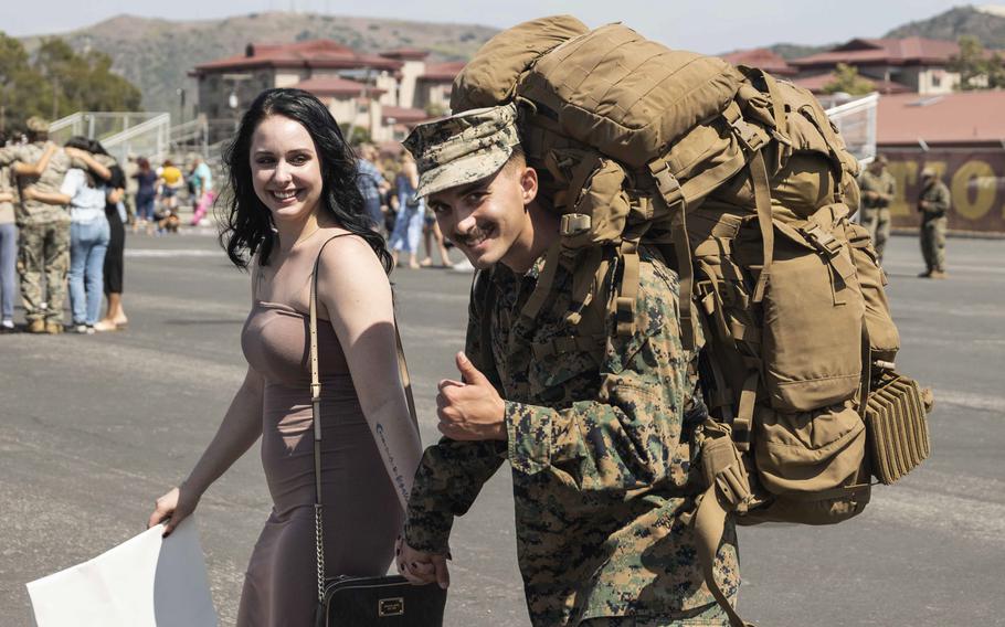 A U.S. Marine with Charlie Company, Battalion Landing Team 1/5, 15th Marine Expeditionary Unit, is welcomed home at Marine Corps Base Camp Pendleton, Calif., on Aug. 10, 2024, after returning from deployment. 