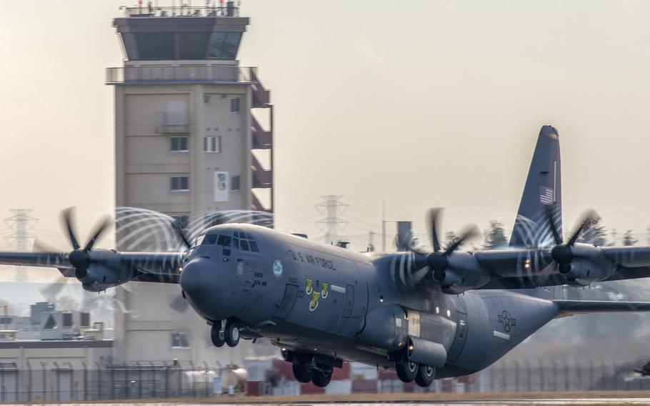 A C-130J Super Hercules assigned to the 36th Airlift Squadron departs Yokota Air Base, Japan, Dec. 1, 2021, in support of the 70th annual Operation Christmas Drop.