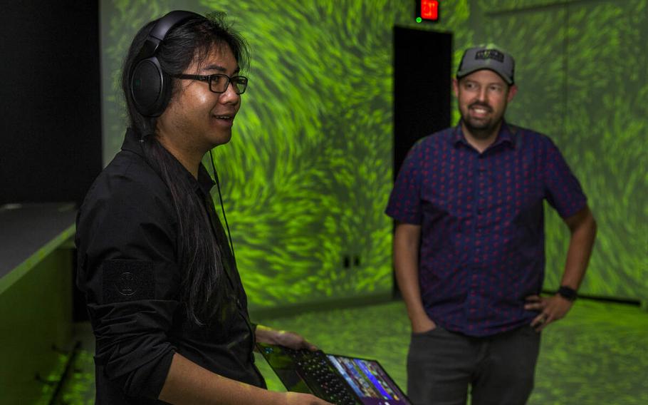 Co-Founder and Senior Design Programmer Luke Balaoro, left, with CEO/co-founder Brandon Garrett speak at Electric Playhouse, a new high-tech social gaming place opening soon at The Forum Shops at Caesars on  June 14, 2024, in Las Vegas. 