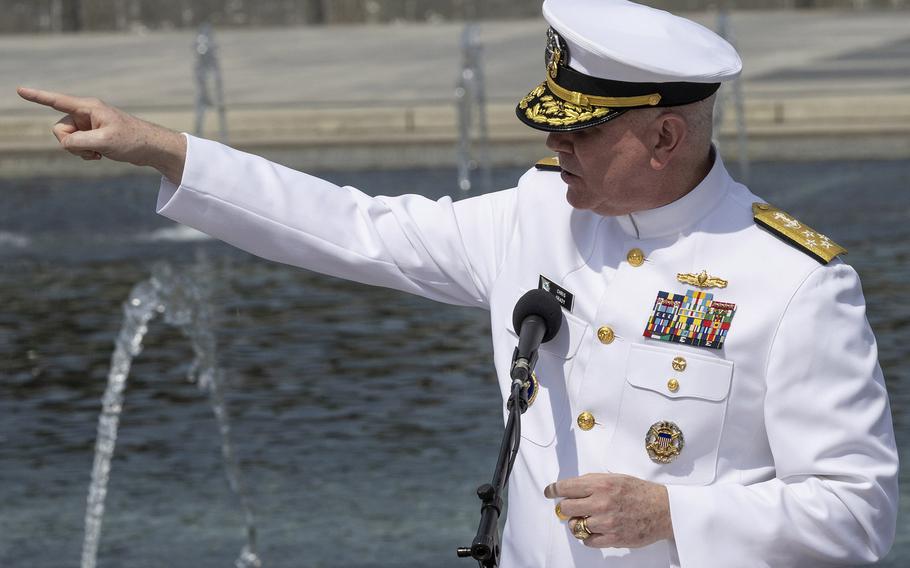 Vice Chairman of the Joint Chiefs of Staff Adm. Christopher Grady singles out the veterans on hand for the 20th anniversary celebration of the National World War II Memorial in Washington, May 25, 2024.