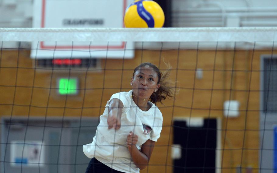 Junior Mila Nishimura-Reed returns as E.J. King's volleyball team's lead middle blocker.