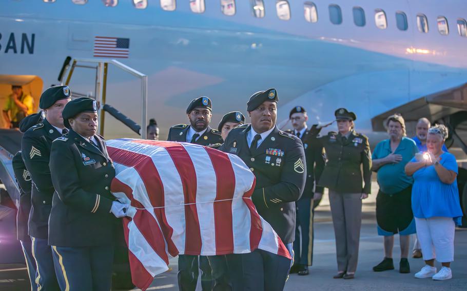 The Military Honors Team stationed at Fort Liberty, N.C., carry the flag-draped casket containing the remains of U.S. Army Pfc. Mose E. Vance at Charlotte International Airport in Charlotte, N.C., on July 31, 2024. Vance was killed in action in France in January 1945 during World War II. The Vance family worked with the Defense POW/MIA Accounting Agency to identify Vance’s remains after being interred, unidentified, in France, for nearly 80 years. 