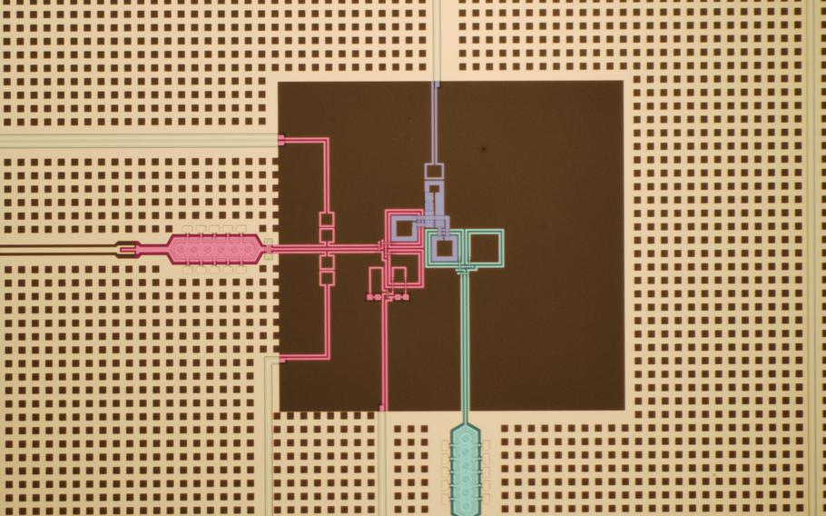 Colorized micrograph of circuit