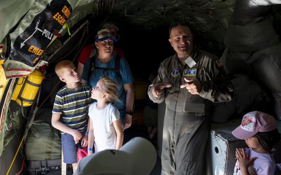 Tech Sgt. William Nielson explains the role of the Boom Operator on a KC-135 Stratotanker as part of the Warriors over the Wasatch air show at Hill Air Force Base, Utah, June 29, 2024. 