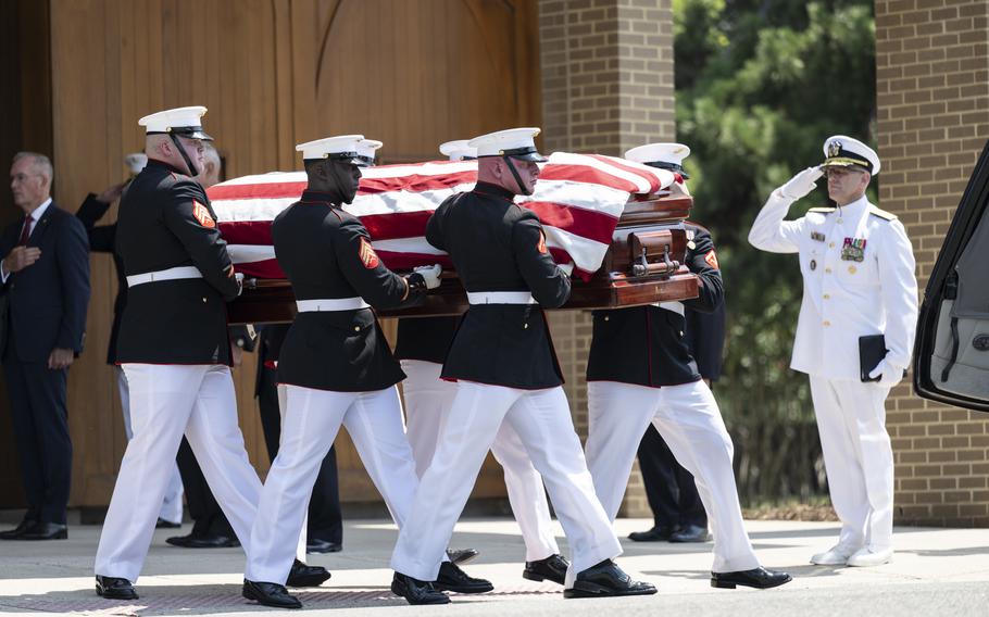 Marines from the Marine Band “The President’s Own” and the Marine Barracks Washington conduct military funeral honors with funeral escort for retired Gen. Alfred Gray Jr., the 29th Commandant of the Marine Corps, in Section 35 of Arlington National Cemetery, Arlington, Va., July 29, 2024. 