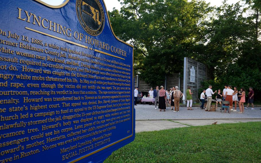 A remembrance for Howard Cooper in Towson, Md., in 2022. The Black teenager was lynched by a white mob in 1885 outside what was then the Baltimore County Jail. Historians estimate there were 4,084 racial terror lynchings in 12 Southern states between 1877 and 1950.