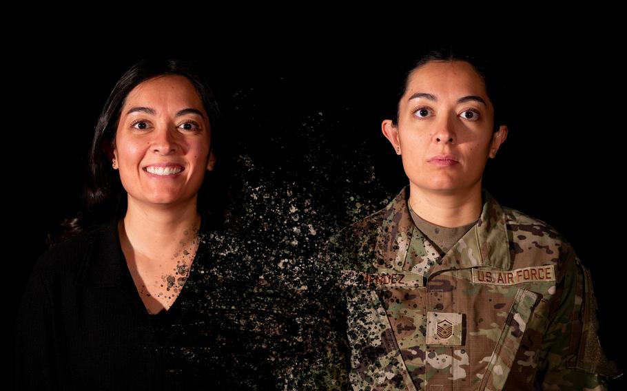 This illustration shows two side by side portraits of U.S. Air Force Master Sgt. Melissa Mendez in both civilian wear and her uniform. 