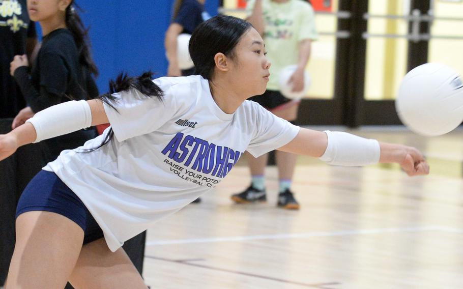 Sophomore Evelyn Kim is one of a handful of youngsters on Humphreys girls volleyball team with playing experience.