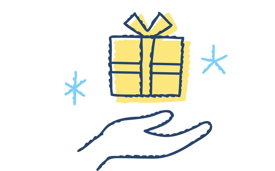 A drawing of a hand underneath a gift, with snowflakes on either side