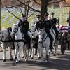 Horses ridden by service members in uniform pull a coffin in a funeral procession at Arlington National Cemetery.