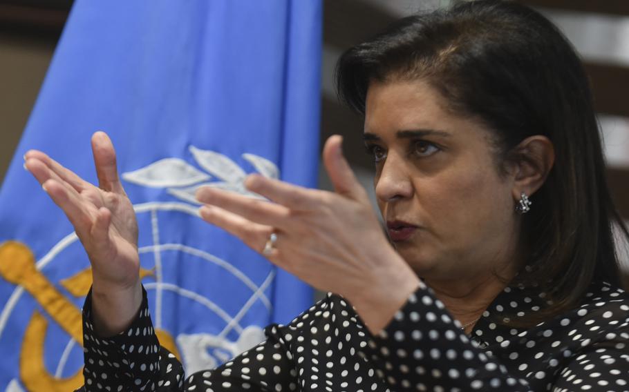 Hanan Balkhy, the head of the World Health Organization's Eastern Mediterranean region, speaks during an interview with the Associated Press in Cairo, Egypt, Monday, June 24, 2024. A senior official with the U.N. health agency says the reconnected U.S.-built pier off the coast of the Gaza Strip cannot supply Palestinians with anywhere near the level of aid they need. Dr. Hanan Balkhy, head of the World Health Organization’s Eastern Mediterranean region, made the remarks after the U.S. military began delivering aid through the floating pier again, after it was removed a second time because of rough seas. 