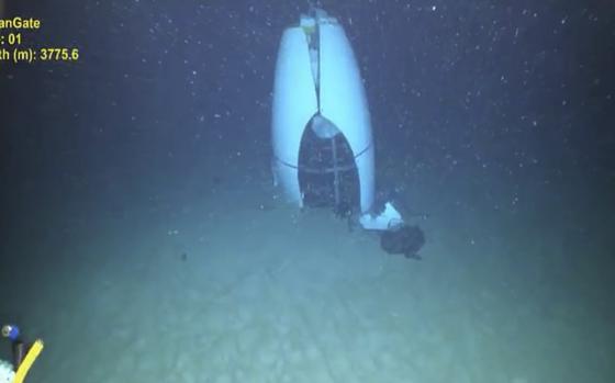 This June 2023 image provided by Pelagic Research Services shows remains of the Titan submersible on the floor of the Atlantic Ocean.