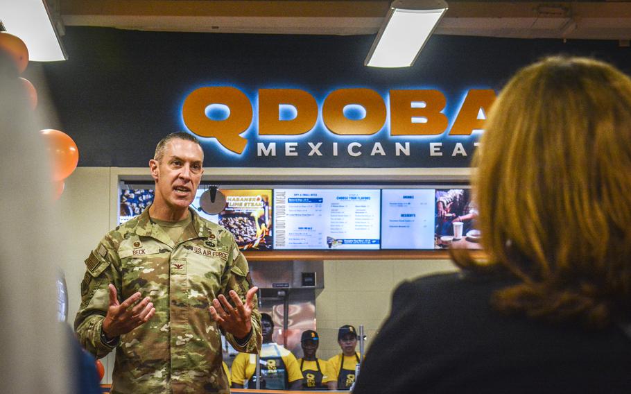 Air Force Col. Jason Beck, the Army and Air Force Exchange Service’s Pacific commander, attends Qdoba’s grand opening at Camp Humphreys, South Korea, Thursday, Sep. 12, 2024.