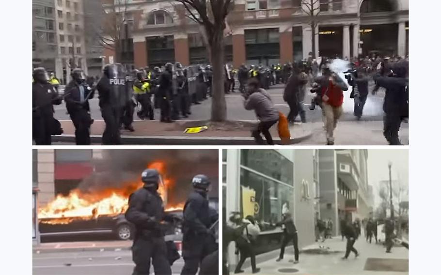 Video screen grabs show violent crowds being confronted by police as protesters rampaged through Washington D.C. on Jan. 20, 2017, just blocks from where then-President Donald Trump was inaugurated.