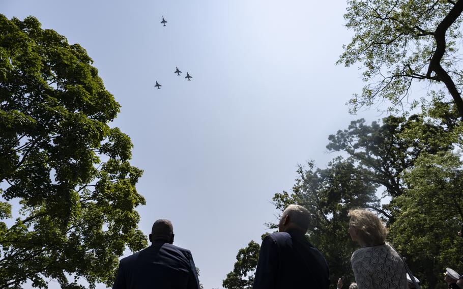 A flyover is conducted during the funeral service for retired Gen. Alfred Gray Jr., the 29th Commandant of the Marine Corps, in Section 35 of Arlington National Cemetery, Arlington, Va., July 29, 2024. 