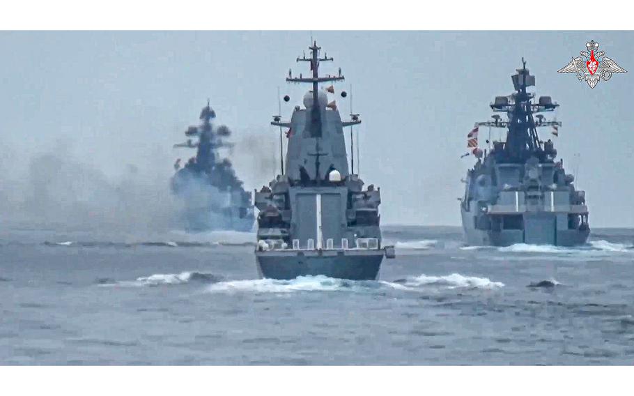 A screen grab from a video released on July 21, 2023, shows Russian warships taking part in naval drills in the Black Sea. According to reports on Friday, Oct. 13, two Russian military vessels were damaged by naval drones, as Ukraine continued a series of strikes against Moscow’s Black Sea Fleet.