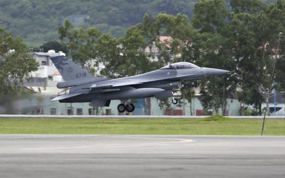 An air force F-16V fighter aircraft takes off during the annual Han Kuang military exercises in Hualien County, eastern Taiwan, Tuesday, July 23, 2024.
