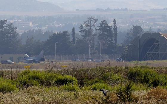 FILE - A view of a Greek Air Force F-16 aircraft after landing at Cyprus' Andreas Papandreou Air Base near the  southwestern coastal city of Paphos, Cyprus, Tuesday, Aug. 25, 2020. (AP Photo/Petros Karadjias, File)