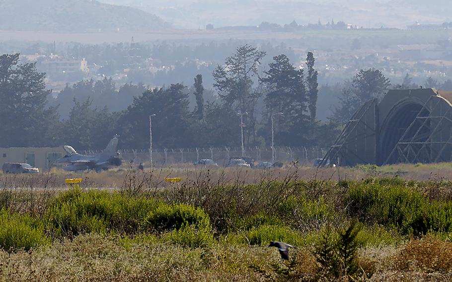 A view of a Greek Air Force F-16 aircraft after landing at Cyprus’ Andreas Papandreou Air Base near the  southwestern coastal city of Paphos, Cyprus, Tuesday, Aug. 25, 2020.