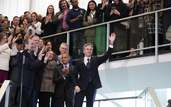 Secretary of State Antony Blinken bids farewell to diplomats and staff at the State Department in Washington, Friday, Jan. 17, 2025. (AP Photo/J. Scott Applewhite)