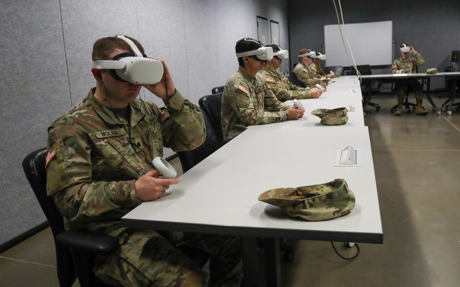 Soldiers assigned to Fort Campbell, Ky., take part in virtual reality training on sexual harassment and assault prevention on Feb. 15, 2024. The VR program consisted of situational simulations in which soldiers tried to implement their training to help prevent sexual harassment and assault.
