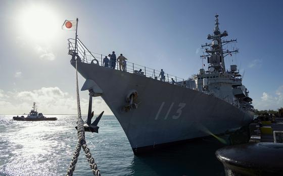 The Japanese destroyer JS Sazanami arrives in Diego Garcia for a scheduled port visit, July 17, 2024.