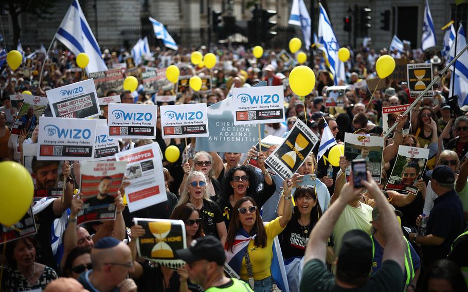 Protesters gather in Richmond Terrace after a “United we Bring Them Home” march in central London on June 2, 2024, to bring attention to the plight of the hostages still held in Gaza.